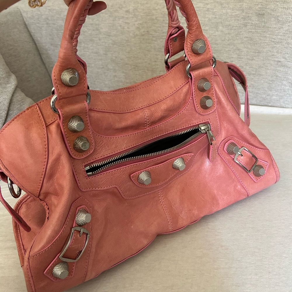 Coral Pink Leather Satchel Bag with Detachable Strap - Picture 2 of 16